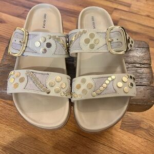 Free People Beige Studded Double-Strap Slip-On Sandals with Gold Hardware